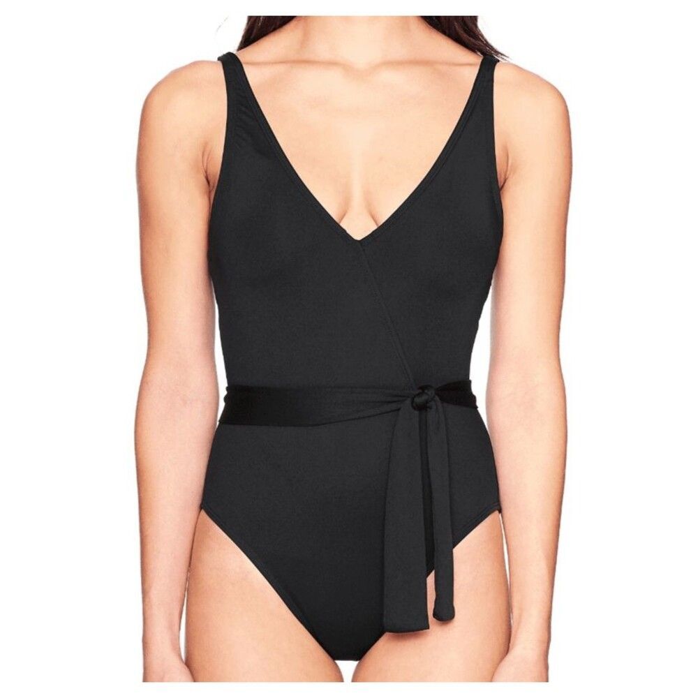 La Blanca Women's Island Goddess Surplice Tummy Control Belted Swimsuit 4 Black